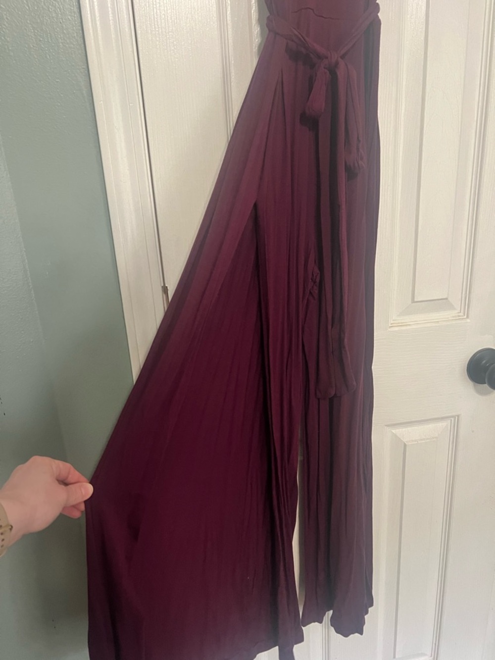 Lulu’s Plum V-Neck Wide-Leg Jumpsuit with Side Slit - Picture 4 of 5